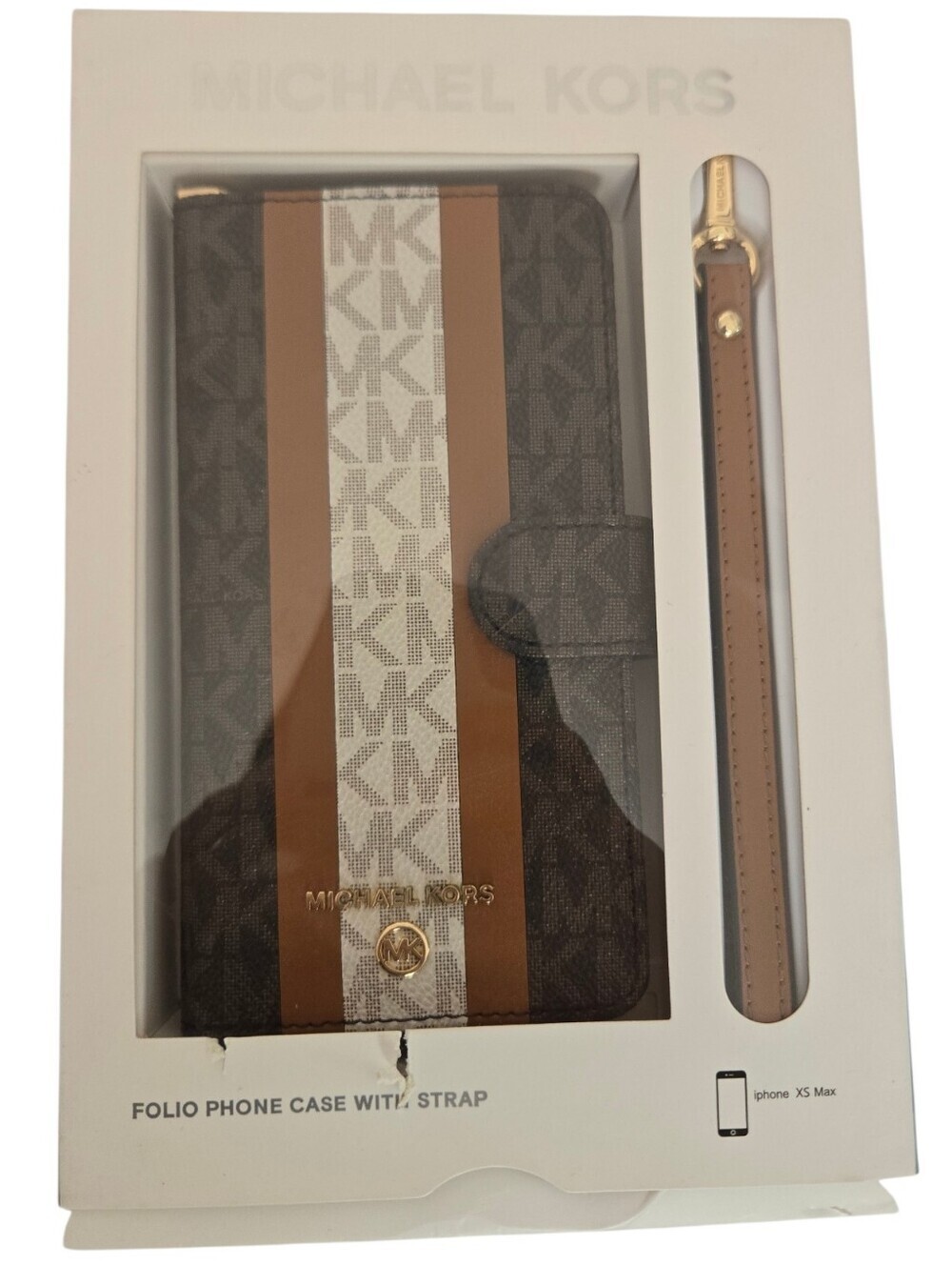 🤎 Michael Kors Folio Phone Case with Wrist Strap iPhone XS Max Brown Signature
